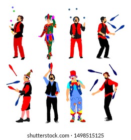 Clown in circus vector isolated on white background. Street actor illustration. Juggler artist vector, Juggling with balls and pins. Performer Artist acrobat. Birthday animator entertainment for kids.