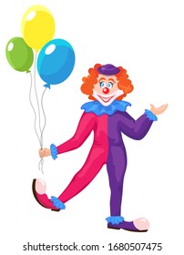 Clown with colorful balloons. Funny character in cartoon style isolated on white background.