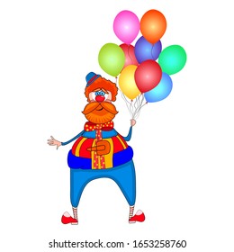 Clown with colorful balloons isolated on white background. Red nose day. Circus clown cartoon character. April fools day with crazy jester. For circus and entertainment design. Stock vector 