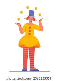 Clown in colorful clothes concept. Woman in yellow dress with hat and balls. Holiday and festival. Poster or banner for website. Cartoon flat vector illustration isolated on white background