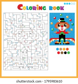 Clown. Coloring book for kids. Colorful Puzzle Game for Children with answer.