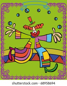 Clown with colouring clothes throws balls to the air, doing juggling