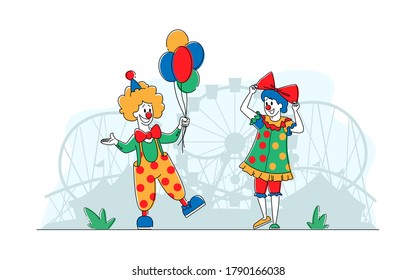 Clown Comedians in Amusement Park, Big Top Smiling Joker Male and Female Characters with Balloons. Jester Performer, Circus Show Entertainer in Funny Costume and Wig. Linear People Vector Illustration