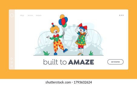 Clown Comedians in Amusement Park Landing Page Template. Big Top Smiling Joker Characters with Balloons. Performers, Circus Show Entertainer in Funny Costume and Wig. Linear People Vector Illustration