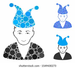 Clown composition of small circles in variable sizes and shades, based on clown icon. Vector small circles are grouped into blue mosaic. Dotted clown icon in usual and blue versions.