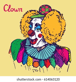 The clown in costume and checkered cap with funny red wig smiling, hand drawn doodle, bright colors sketch in pop art style, vector illustration