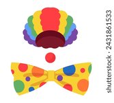 Clown costume elements. Funnyman Birthday party photo booth props, clown wig, nose and bow tie flat vector illustration set. Carnival party clown costume