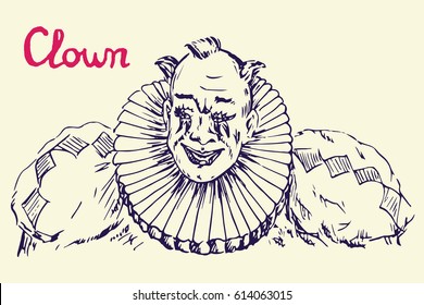 The clown in costume with funny hair smiling, hand drawn doodle, bright colors sketch in pop art style, vector illustration