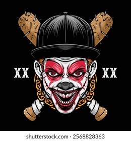 clown with crossing baseball bat illustration