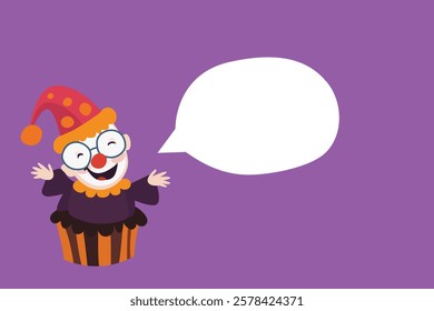 Clown in a cupcake costume on a purple background with a blank speech bubble, perfect for April Fools or humor themes.