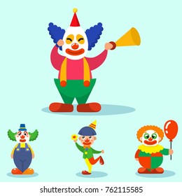 Clown cute characters performer carnival actor makeup juggling human vector cartoon illustrations