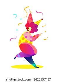 Clown dancing,  birthday party, colorful design. 