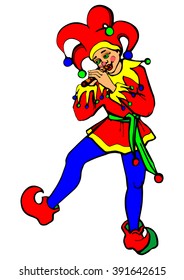 Clown dancing and playing the flute. Vector illustration.