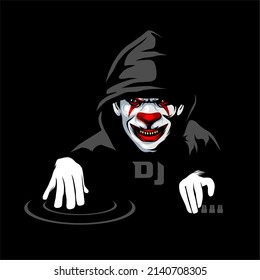 Clown disc jockey with hoodie, Design element for logo, poster, card, banner, emblem, t shirt. Vector illustration
