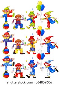 Clown doing different actions illustration