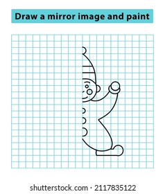 Clown is drawn and painted according to the picture, an educational game for preschoolers, children. Complete the painting. Draw a mirror image and paint it. Copy the picture. Copy behind the grid.