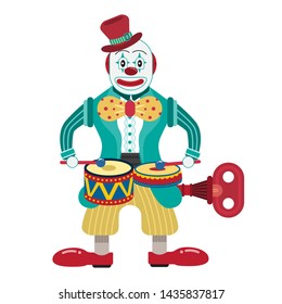 Clown Drummer Wind Up Tin Toy Amusement Park Cartoon Concept. Toys For Toddlers Kids Children Style Vintage Vector Illustration