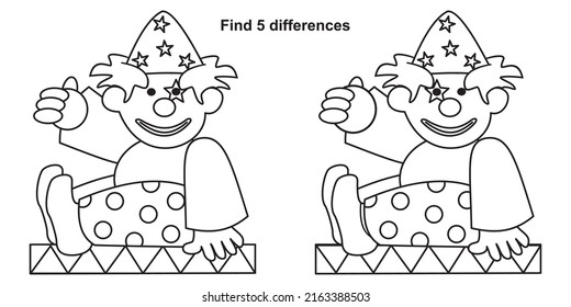 Clown, Bildungsseite, fünf Unterschiede finden, Farbbuch, Vektorgrafik