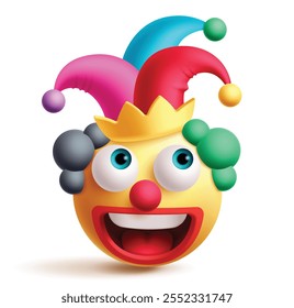 Payaso emoji 3d personaje Clipart. Personaje de bufón joker de emoji en cara feliz, divertido y disfrute de la expresión facial con Elementos gráficos de sombrero y peluca coloridos. Emoticon de cumpleaños de payaso de Ilustración vectorial