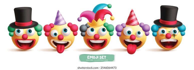 Conjunto de Vectores de personajes emoji de payaso. Emoticonos de payaso bufón en expresión facial feliz, divertida, linda y traviesa con un sombrero colorido para la colección del disfraz de comodín. Ilustración vectorial 3D icono bufón 