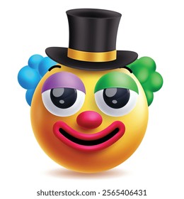 Clown emoji clipart 3d character. Birthday clown wearing hat, wig and colorful costume in cute, joker, funny and happy face yellow icon elements. Vector illustration mascot emoticon clip art.
