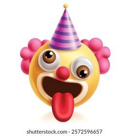 Clown emoji clipart 3d character. Emoji joker face in funny, enjoy, happy, silly and naughty facial expression with party hat and wig graphic element. Vector illustration clown emoticon clip art. 
