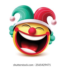 Clown emoji vector character. Birthday clown in joker, funny and happy face with colorful costume clipart emoticon in white background. Vector illustration clown mascot clip art emoji.
