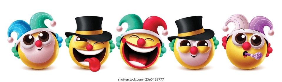 Clown emoji vector characters set. Birthday clowns wearing colorful party hat costume in joker, funny, happy face, and blow facial expressions clip art characters. Vector illustration birthday clown 