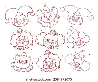 Clown Emotional Faces Clowncore Cartoon Hand Drawn Outline Doodle set