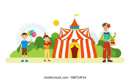 Clown entertains children in front of the building of the circus, an amusement park and recreation, children playing and having fun. Vector illustration. Can be used as banners, brochures, leaflets.