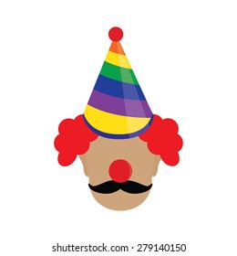 Clown face in birthday hat with red clown nose and mustache vector illustration.Birthday party