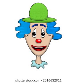 Clown face with blue hairs and green hat