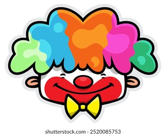 Clown face cartoon characters wearing colorful wig, makeup, and bowties. Best for sticker, decoration, logo, and mascot with carnival themes