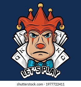 the clown face and the deck right behind, hand drawing  character. Vector print for tee shirt, character, hand drawing. Vector Illustration