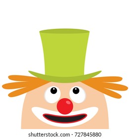 Clown face head looking up. Big eyes, red nose, mouth smile, orange hair. Magician hat. Cute cartoon funny baby character. Circus symbol. Flat design. White background. Isolated. Vector illustration