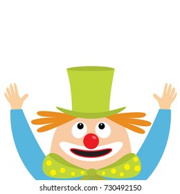 Clown face head looking up. Big eyes, red nose, mouth smile, orange hair, hands. Magician hat. Cute cartoon funny baby character. Circus symbol. Flat design. White background. Isolated. Vector
