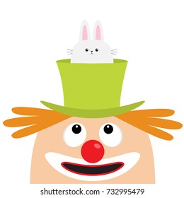 Clown face head looking up. Eyes, red nose, mouth smile, orange hair. Rabbit hare in magician magic hat. Cute cartoon funny baby character. Flat design. Vector