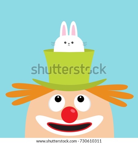Clown face head looking up. Eyes, red nose, mouth smile, orange hair. Rabbit hare in magician magic hat. Cute cartoon funny baby character. Circus symbol. Flat design. Blue background Isolated Vector