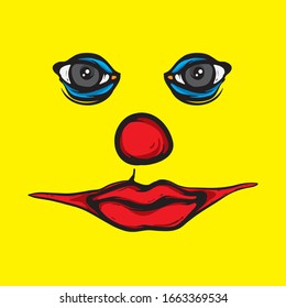 Clown face isolated on yellow background. Funny character with face painting. 
