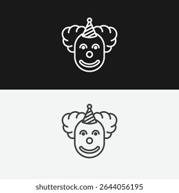 Clown Face with Party Hat and Wig on Black and White Backgrounds, Representing Circus or Entertainment, White Outline Icon