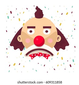 Clown face sad in wig and red nose. Vector isolated icon of cartoon circus funny comic man or character on confetti background