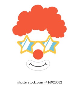 Clown face set. Mask. Party funnyman birthday photo booth props. Wig, nose, funny glasses, smile. Vector illustration  