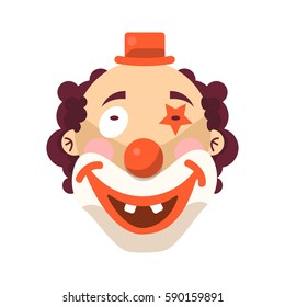 Clown face smile. Vector isolated icon of cartoon circus funny comic man or character on confetti background