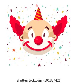 Clown face smile. Vector isolated icon of cartoon circus funny comic man or character on confetti background