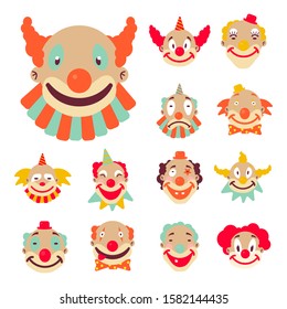 Clown faces with colourful wigs and accessories icons