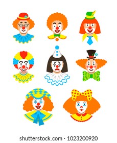 Clown faces different avatars. Vector flat icons. Cartoon illustration. Circus men and girl smiling portraits with different makeup, hair and hats