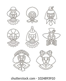 Clown faces different thin line avatars. Vector flat linear icons. Cartoon illustration. Circus men and girl smiling outline portraits with different makeup, hair and hats