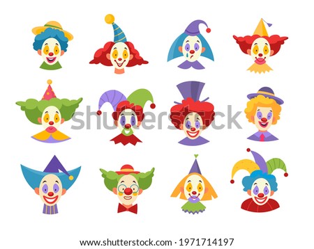 Clown faces. Funny comic clownish masks, kids comedy artists physiognomies, heads with crazy color hairstyles, circus hats and red noses. Carnaval artist characters vector cartoon isolated set