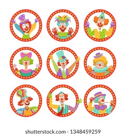 Clown Faces Set, Funny Circus Characters Vector Illustration