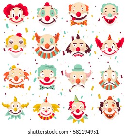 Clown faces vector isolated icons set. Cartoon circus funny comic man or character in color wig with expression sad and happy smile or crying for birthday party on confetti background